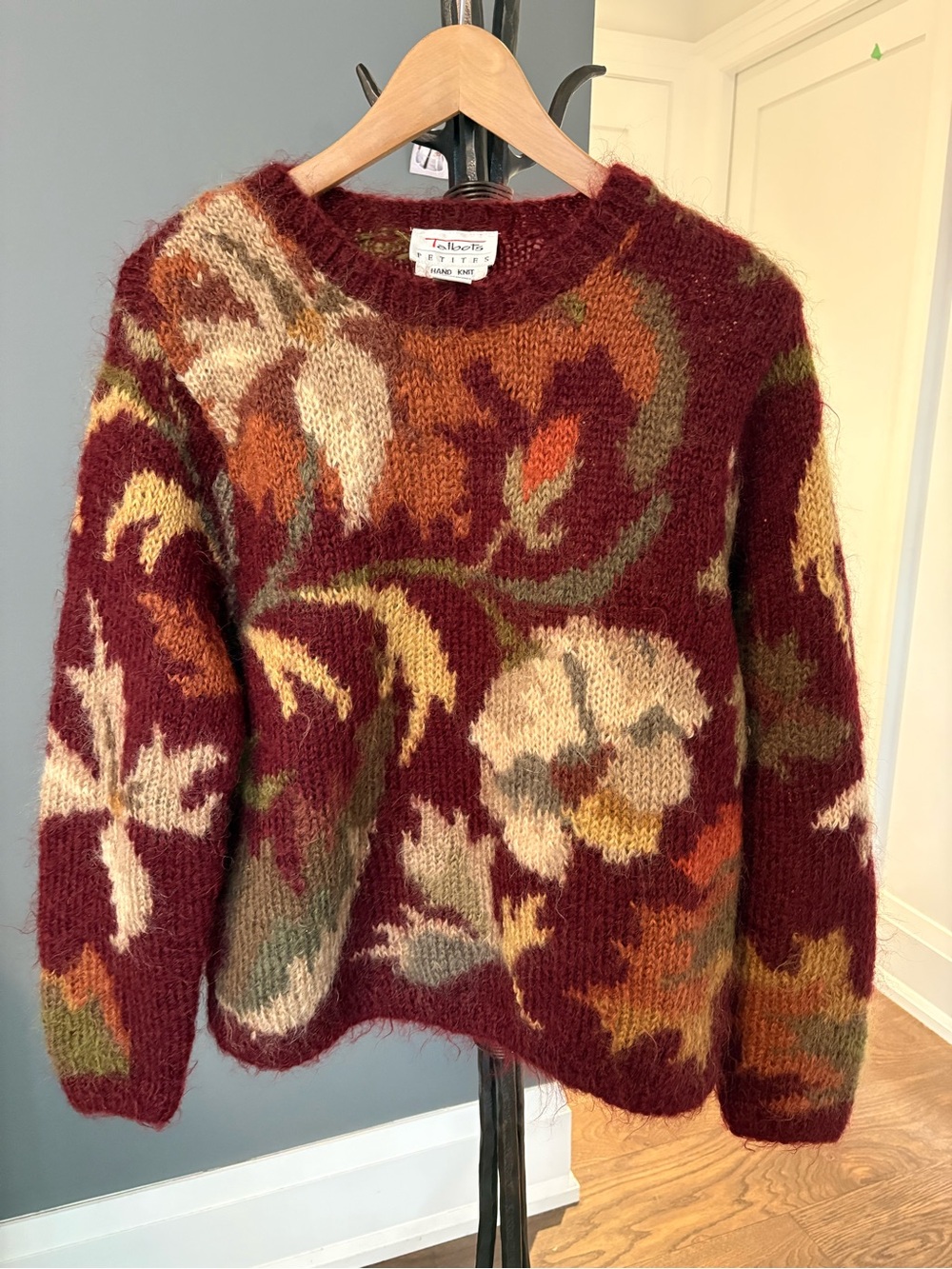 Vintage Talbots Burgundy Floral Mohair Blend hand knit Sweater
